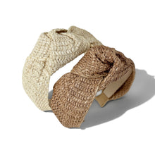 Load image into Gallery viewer, Two woven straw-style headbands with knotted bow details, one in cream and one in tan, displayed on a white background with a soft shadow.