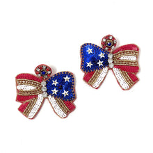 Load image into Gallery viewer, July 4th Earrings, USA  Earrings, Fourth of July Earrings, Independence Day Jewelry, America Earrings, American Earrings, Patriot Earrings, USA Flag Earrings, Flag Patriotic earrings, American Earrings, USA bow Beaded Earrings, Seed Bead Earrings, Stars &amp; Stripes, freedom Patriotic Earrings, USA Start Earrings, 4th of July flag earrings, Flag Fashion Earrings, Memorial Day Earrings, Stars Beaded, Fashion Statement, USA flag earrings, USA earrings, handmade earrings, Bow earrings, red white blue earrings
