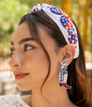 Load image into Gallery viewer, July 4th Earrings, USA  Earrings, Fourth of July Earrings, Independence Day Jewelry, America Earrings, American Earrings, Patriot Earrings, USA Flag Earrings, Flag Patriotic earrings, American Earrings, Star Beaded Earrings, Fourth of July Beaded Earrings, freedom Patriotic Earrings, USA Cowboy Boots Earrings, 4th of July earrings, Cowboy Fashion Earrings, Memorial Day Earrings, USA flag earrings, USA earrings, handmade earrings, Cowgirl USA earrings, red white blue earrings