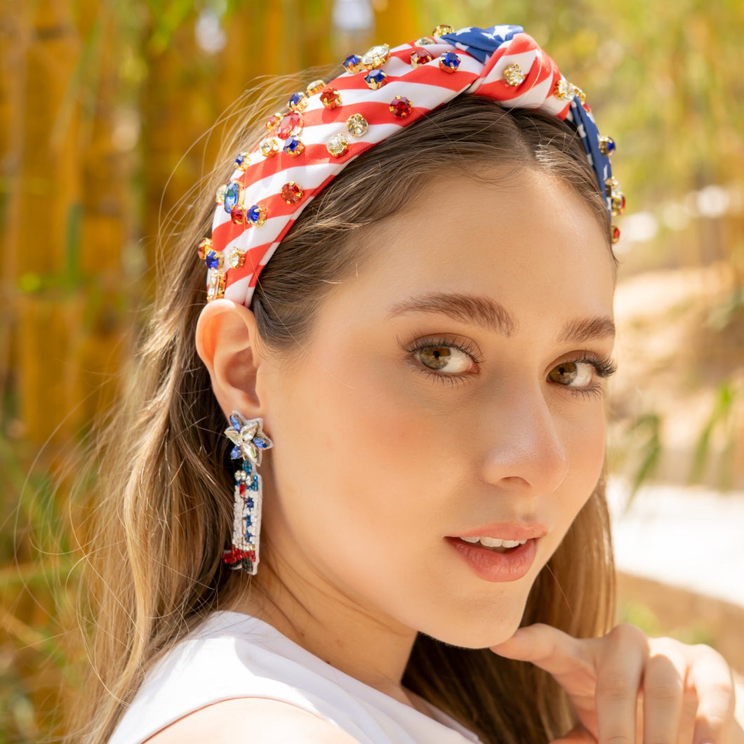 Americana Jeweled Headband, Patriotic Knotted Headband, Star Knotted Headband, Americana Hair Accessories, Red White Headband, Best Seller, headbands for women, best selling items, knotted headband, hairbands for women, hair accessories, Independence day gifts, Independence day Headband, Memorial day hair accessories, American headband, USA flag headband, Fourth of July headband, Fourth of July gifts, red white headband, star knot headband, Jeweled headband, USA Jeweled headband, USA Headband