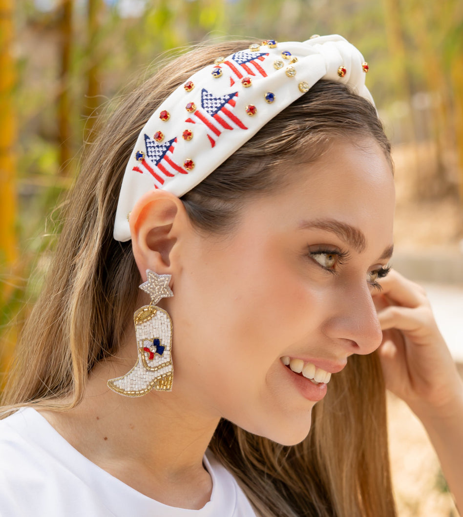 Americana Jeweled Headband, Patriotic Knotted Headband, Patriotic Knot Headband, Fourth of July Hair Accessories, Red White Headband, Best Seller, headbands for women, best selling items, knotted headband, hairbands for women, Patriotic accessories, Independence day gifts, Independence day Headband, Memorial day hair accessories, American headband, USA flag headband, Fourth of July headband, Fourth of July gifts, red white headband, star knot headband, Jeweled headband, USA Jeweled headband, USA Headband