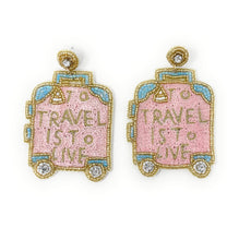 Load image into Gallery viewer, Beaded drop earrings featuring travel suitcase design in pink and gold