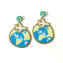 Load image into Gallery viewer, Blue and green globe earrings with intricate beadwork and travel theme