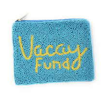 Load image into Gallery viewer, Beaded coin pouch in turquoise blue featuring “Vacay Fund” text in yellow beads.