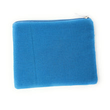 Load image into Gallery viewer, Handmade beaded pouch with bright blue background and yellow “Vacay Fund” design.