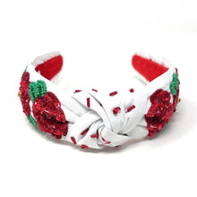 Load image into Gallery viewer, Statement white headband adorned with bold red sequin roses and delicate bead accents.