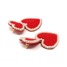 Load image into Gallery viewer,  double red hearts Beaded Earrings, red valentines Earrings, Valentines Day Earrings, Valentines Beaded Earrings, Valentines Heart earrings, red hearts earrings, valentine’s day beaded earrings, dainty valentines beaded earrings, valentines beaded earrings, red cute earrings, Valentine’s day earrings, tween girls accessories, Valentine’s day accessories, Best selling items, Valentine’s day accessories, boho earrings, custom earrings, gifts for her, handmade gifts, custom unique valentines heart earrings
