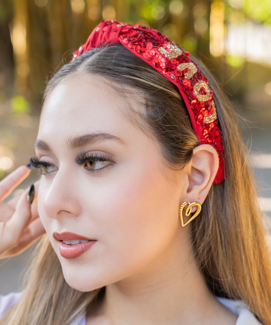 Valentines day Headband, Hearts Headband, red Love Jeweled Knot Headband, red Knot Headbands, Valentines Day Knotted Headband, knotted headband, birthday gift for her, headbands for women, best selling items, knotted headbands, hair accessories, red knot headband, valentine’s day headband, valentines headband, valentines day gifts, embellished headband, Pink headband, red sequin headband, custom headband, bejeweled knot headband, sequin headband, handmade headband