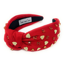 Load image into Gallery viewer, VALENTINES Jeweled Headband, Valentine’s Day Headband, red Jeweled Knot Headband, Jeweled Knot Headbands, Valentines Day Knotted Headband, knotted headband, birthday gift for her, headbands for women, best selling items, knotted headbands, boho headband, red valentine’s day knot headband, valentine ’s day headband, valentines headband, valentines day gifts, embellished headband, heart stud headband, red headband, gold hearts headband, handmade headband, red knot headband, custom headband