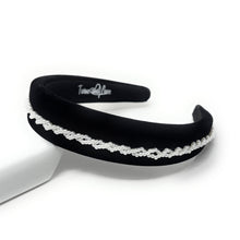 Load image into Gallery viewer, Black velvet headband with delicate pearl embellishment on white background