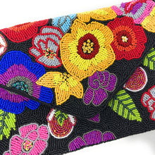Load image into Gallery viewer, Statement beaded clutch adorned with bright botanical motifs, tropical leaves, and detailed handcrafted bead embroidery.