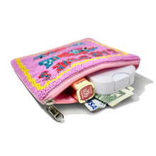 Load image into Gallery viewer, Fun coastal-inspired beaded pouch with playful sardines artwork and yellow trim