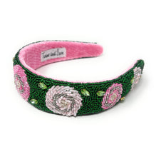 Load image into Gallery viewer, Handmade beaded rose headband featuring layered pink blooms, sparkling gemstones, and intricate botanical embroidery for a romantic feminine style.