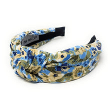 Load image into Gallery viewer, Vintage-inspired floral headband with a twisted knot design and delicate blue botanical print on a neutral background.