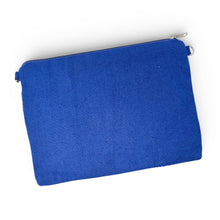 Load image into Gallery viewer, blue beaded zipper pouch with hand-sewn cherry embellishments and intricate artisan craftsmanship perfect for summer styling.