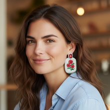 Load image into Gallery viewer, Handmade floral earrings with red rose pattern and gemstone stud top
