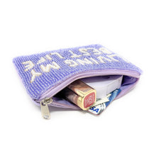 Load image into Gallery viewer, Cute lilac beaded accessory pouch with motivational phrase detail