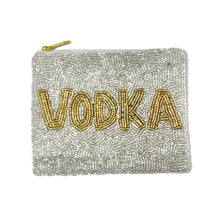 Load image into Gallery viewer, Hand beaded clutch featuring the word Vodka on a white background.