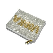 Load image into Gallery viewer, Women's vodka-themed hand beaded coin pouch, perfect for carrying cards, cash, and small essentials.
