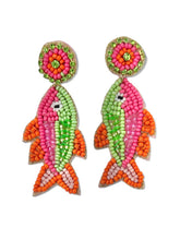 Load image into Gallery viewer, Whimsical tropical fish drop earrings showcasing pink and green bead embroidery with bold orange fin accents.