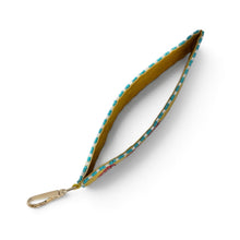 Load image into Gallery viewer, Hand beaded watermelon wristlet keychain featuring three colorful watermelon slices on a mustard yellow beaded strap with turquoise trim. Includes a gold-tone lobster clasp and soft wrist loop, perfect for carrying keys, key fobs, ID badges, or small accessories.