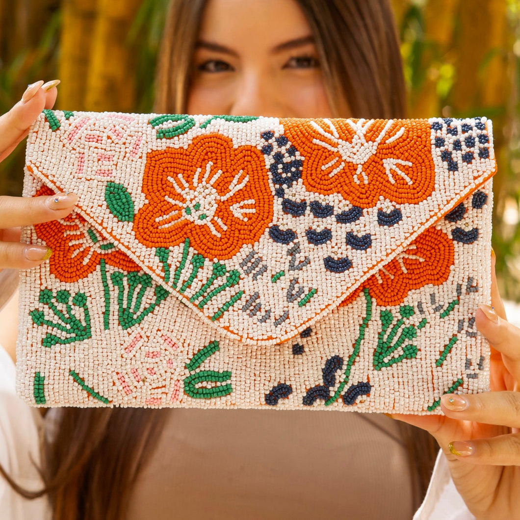 Floral beaded clutch purse, birthday gift for her, summer clutch, orange seed bead purse, spring beaded bag, tropical handbag, orange floral beaded bag, floral seed bead clutch, summer bag, birthday gift for her, clutch bag, seed bead purse, engagement gift, bridal gift to bride, bridal gift, orange purse, gifts to bride, wedding gift, bride gifts, Summer beaded clutch purse, birthday gift for her, summer clutch, seed bead purse, summer bag, boho purse, orange beaded clutch purse, handmade unique bags