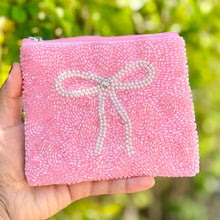 Load image into Gallery viewer, white bow beaded Coin Purse Pouch, preppy pink Beaded Coin Purse, white bow Purse, bow Beaded Purse, Summer Coin Purse, Best Friend Gift, Boho bags, Wallets for her, boho gifts, boho pouch, boho accessories, best friend gifts, tween girl gifts, pink beaded coin pouch, miscellaneous gifts, best seller, best selling items, bachelorette gifts, birthday gifts, preppy beaded wallet, party favors, bachelorette bag, money pouch, wallets for girls, bohemian wallet, batch gifts, mother’s day gift, pearl bow pouch, h