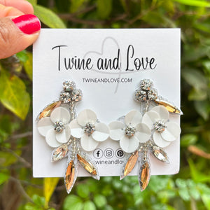 custom beaded Earrings, white floral jeweled Earrings, white Beaded Earrings, boho earrings, white jeweled earrings, handmade earrings, custom earrings, party accessories, fancy accessories, white floral embellished earrings, custom earrings, best friend gifts, birthday gifts, bohemian earrings, luxurious handmade accessories, night jewelry, Fancy earrings, boho earrings, beaded earrings, Fancy jeweled earrings, statement earrings, best selling items, statement earrings, handmade gifts, custom gifts for her