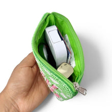 Load image into Gallery viewer, Pickle Princess hand beaded green and white checkered pouch with pink lettering.