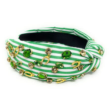 Load image into Gallery viewer, headbands for women, white green knotted headband, headband style, top knot headband, green top knot headband, lucky charm jeweled headband, lucky charm hair band, green Jeweled knot headband, St Patrick’s Jeweled headband, top knotted headband, hand bead knotted headband, Clover leaf hair band for women, St Patrick’s Embellished headband, statement headbands, embellished headband, chic headband, clover leaf knot headband, st paddy’s headband, green hair accessories, four leaf clover headband