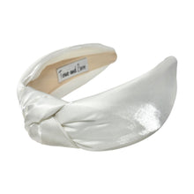 Load image into Gallery viewer, White satin headband with a knot on a white background