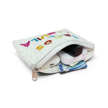 Load image into Gallery viewer, Small pouch with colorful text design on a white background
