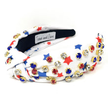 Load image into Gallery viewer, Americana Jeweled Headband, Patriotic Knotted Headband, Star Knotted Headband, Americana Hair Accessories, Red White Headband, Best Seller, headbands for women, best selling items, knotted headband, hairbands for women, hair accessories, Independence day gifts, Independence day Headband, Memorial day hair accessories, American headband, USA flag headband, Fourth of July headband, Fourth of July gifts, red white headband, star knot headband, Jeweled headband, USA Jeweled headband, USA Headband