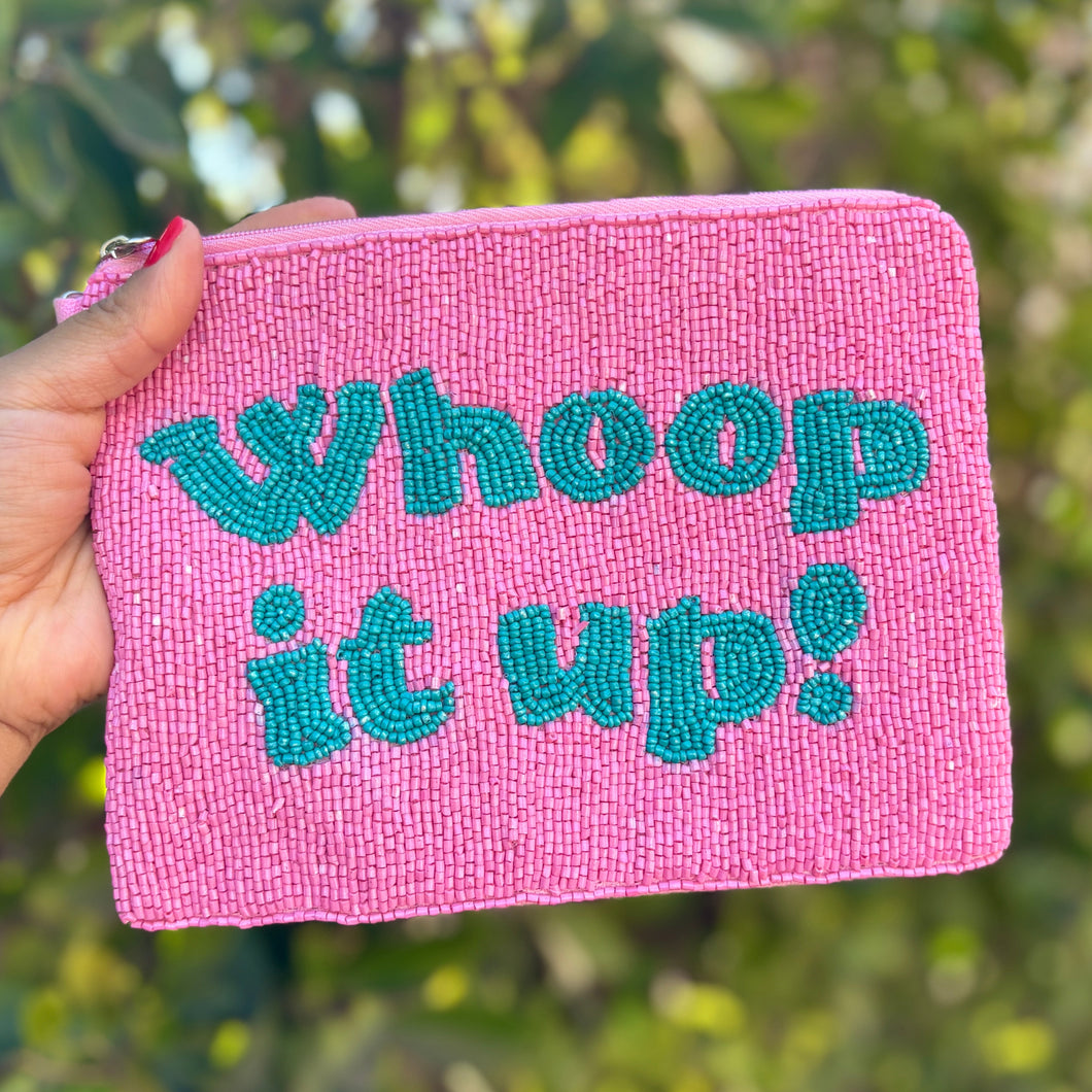 whoop it up large Purse Pouch, RHOC Beaded Purse, RHOC gifts, Pouches, Real Housewives Gift, beaded pouch zipper, Girls trip gifts, beaded coin purse, gifs for her, birthday gifts, cute pouches, batch gifts, boho pouch, Housewives of Orange County accessories, best friend gifts,  Whoop it up pouch, girlfriend gift, miscellaneous gifts, best friend birthday gift, gift card bag, Bachelorette gifts, Bachelorette party favors, Pink pouch, Vicki RHOC, Bravo bachelorette, best selling items, zipper wallet pouch 
