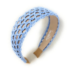 Load image into Gallery viewer, Lightweight blue lattice headband with an elegant open-weave design, perfect for spring and summer outfits.
