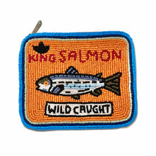 Load image into Gallery viewer, Orange sardine beaded coin pouch with “Wild Caught” fish market design