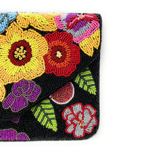 Load image into Gallery viewer, Hand-beaded floral clutch featuring vibrant yellow, blue, pink, red, and purple flowers on a black background.
