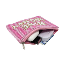 Load image into Gallery viewer, Handmade pink striped coin purse with playful “Wine Money” beaded lettering.