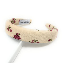Load image into Gallery viewer, Beige fabric headband adorned with small wine floral prints