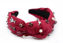 Load image into Gallery viewer, headband for women, winer lover Knot headband, burgundy knot headband, merlot lover gifts, Wine knot headband, top knot headband, Christmas gifts, wine lover hair accessories, Gifts for her, best selling items, best gifts for her, Wine love hair band, Chardonnay wine knot headband, wine gifts, love wine gifs, jeweled headband, bejeweled handmade gifts, top knotted headband, bejeweled knotted headband, Velour knot headbands, wine headband, embellished headband, must have wine lover gift, luxury headband, cus