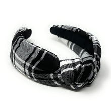 Load image into Gallery viewer, holiday Headband, holiday Knotted Headband, black plaid Knotted Headband, gray Plaid Hair Accessories, Plaid Headband, Best Seller, headbands for women, best selling items, knotted headband, hairbands for women, black plaid gifts, black white knot Headband, School hair accessories, school plaid headband, Plaid uniform headband, Statement headband, school uniform, school uniform knot headband, black Knotted headband, plaid headband, School Knot headband, plaid knot headband