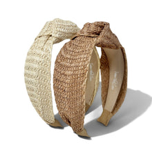 Load image into Gallery viewer, Two woven straw-style twisted headbands, one in cream and one in tan, displayed on a white background with a soft shadow.