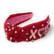 Load image into Gallery viewer, VALENTINES&#39;s day Jeweled Headband, Valentine’s Day Headband, XOXO Jeweled Knot Headband, Jeweled Knot Headbands, Valentines Day Knotted Headband, best selling headband, Valentine’s day gift for her, headbands for women, best selling items, knotted headbands, vday headband, red knot headband, valentine headband, valentines headband, valentines day gifts, embellished headband, Red Valentines day headband, XOXO Top knot headband, handmade headband, heart sequin knot headband, custom headband