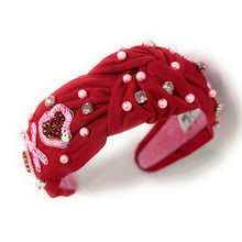 Load image into Gallery viewer, VALENTINES&#39;s day Jeweled Headband, Valentine’s Day Headband, XOXO Jeweled Knot Headband, Jeweled Knot Headbands, Valentines Day Knotted Headband, best selling headband, Valentine’s day gift for her, headbands for women, best selling items, knotted headbands, vday headband, red knot headband, valentine headband, valentines headband, valentines day gifts, embellished headband, Red Valentines day headband, XOXO Top knot headband, handmade headband, heart sequin knot headband, custom headband