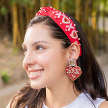 Load image into Gallery viewer, VALENTINES&#39;s day Jeweled Headband, Valentine’s Day Headband, XOXO Jeweled Knot Headband, Jeweled Knot Headbands, Valentines Day Knotted Headband, best selling headband, Valentine’s day gift for her, headbands for women, best selling items, knotted headbands, vday headband, red knot headband, valentine headband, valentines headband, valentines day gifts, embellished headband, Red Valentines day headband, XOXO Top knot headband, handmade headband, heart sequin knot headband, custom headband