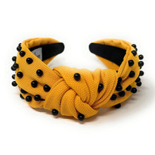 Load image into Gallery viewer, headbands for women, black yellow headband, handmade headbands, black yellow top knotted headband, Pittsburgh knotted headband, Michigan Headband, embellished headband, Yellow pearl headband, black yellow headband, football headband, jeweled headband, knotted jeweled headband, warriors football headband, Panthers knot headband, Steelers knot headband, pearly headbands, Steelers headband, game day hair accessories, game day headband, football headbands, steelers colors, best selling items
