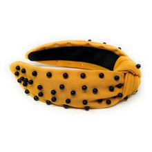 Load image into Gallery viewer, headbands for women, black yellow headband, handmade headbands, black yellow top knotted headband, Pittsburgh knotted headband, Michigan Headband, embellished headband, Yellow pearl headband, black yellow headband, football headband, jeweled headband, knotted jeweled headband, warriors football headband, Panthers knot headband, Steelers knot headband, pearly headbands, Steelers headband, game day hair accessories, game day headband, football headbands, steelers colors, best selling items
