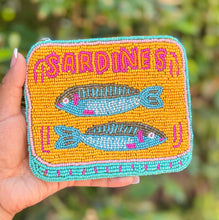 Load image into Gallery viewer, Handmade sardines wallet featuring colorful bead embroidery on bright yellow background