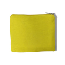 Load image into Gallery viewer, A bright yellow canvas zippered pouch with a silver metal zipper pull, shown flat against a white background with a soft shadow.