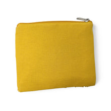 Load image into Gallery viewer, A small square canvas zippered pouch in a mustard yellow color, shown on a plain white background with a soft drop shadow.